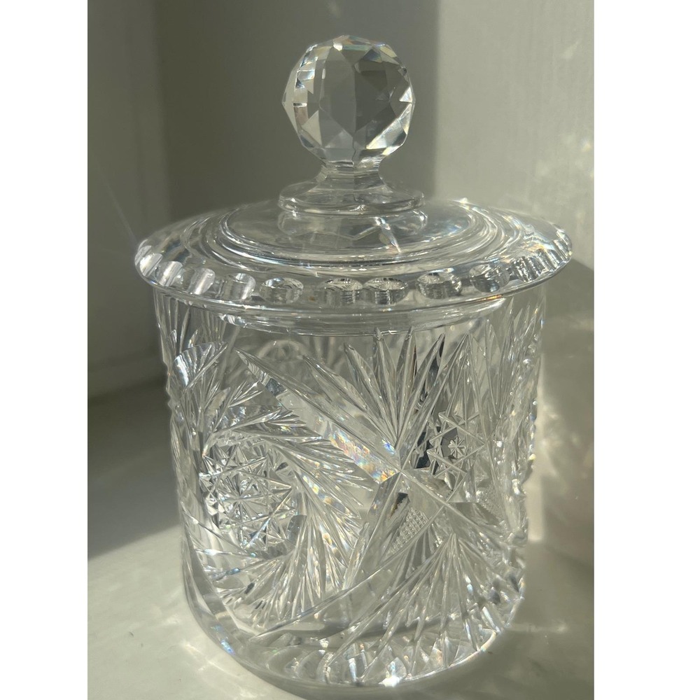 Vintage Cut American‎ Brilliant Style Crystal Jam Mustard Jar w/ Lid Starburst